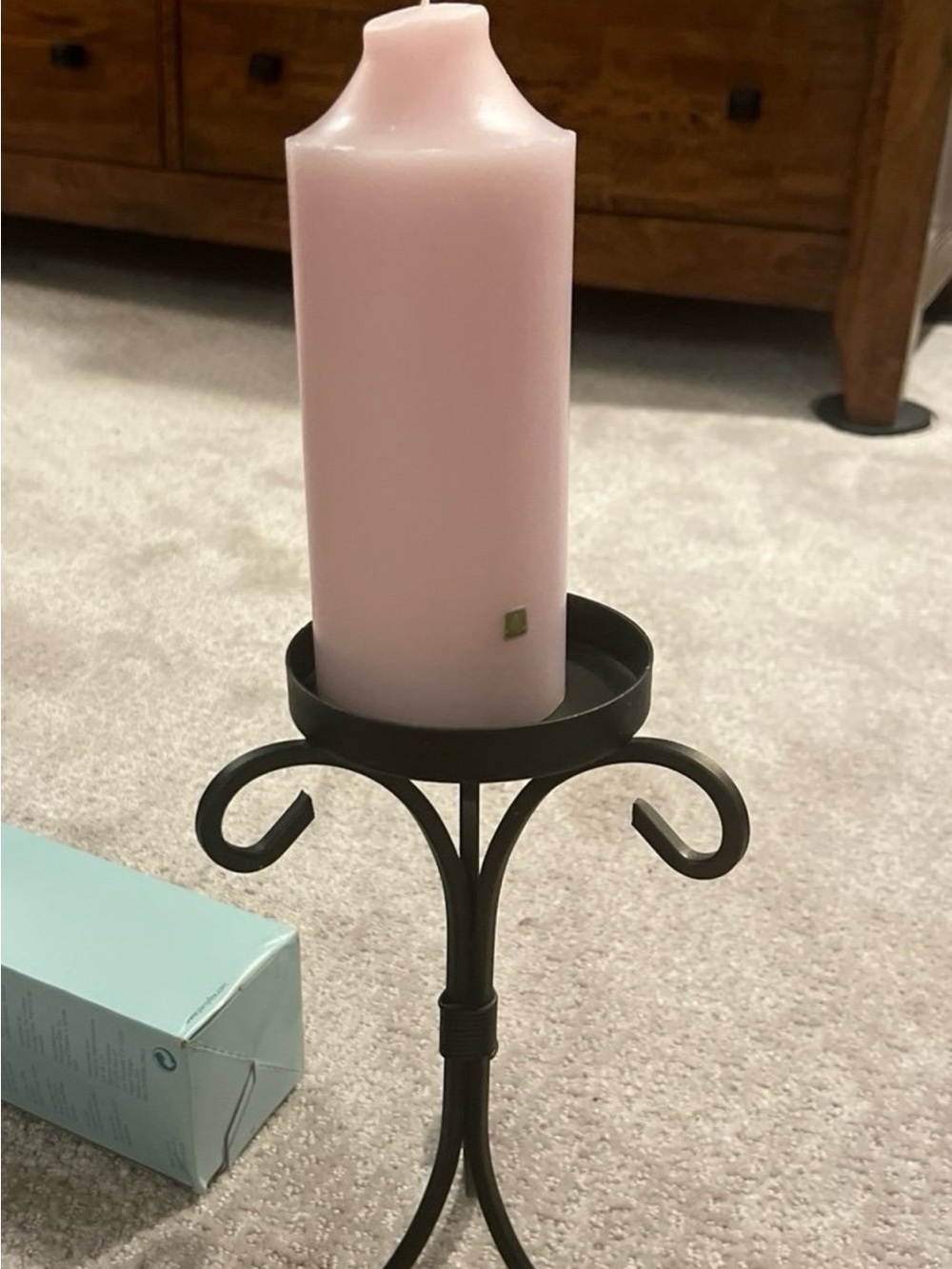 PartyLite Soft Pink Pillar Candle with Brown Metal Holder